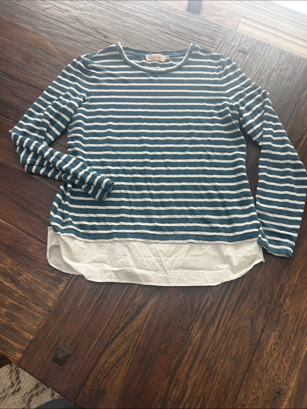 Tory Burch Teal and White Striped Layered Hem Long-Sleeve Top